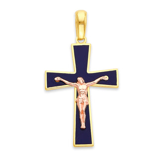 Jesus Cross Pendant Necklace in Solid Gold, Blue Enamel