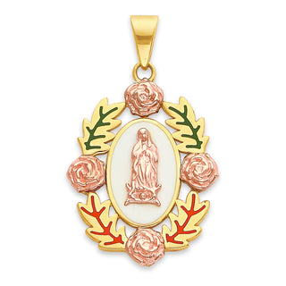 Virgin Mary and Roses Pendant Necklace in Solid Gold