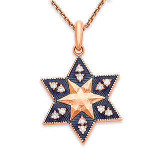 Star of David Diamond Pendant Necklace in Solid Gold, Blue Enamel