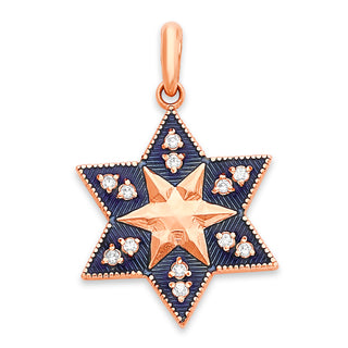 Star of David Diamond Pendant Necklace in Solid Gold, Blue Enamel