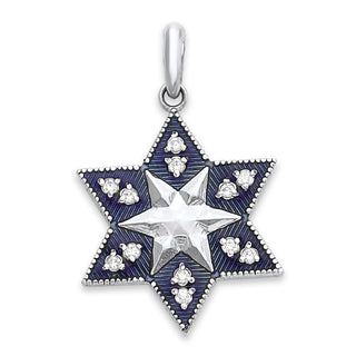 Star of David Diamond Pendant Necklace in Solid Gold, Blue Enamel