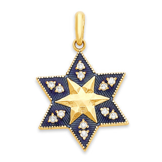 Star of David Diamond Pendant Necklace in Solid Gold, Blue Enamel