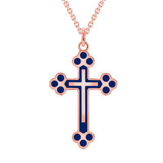 Elegant Cross Pendant Necklace in Solid 14k Gold, Blue Enamel