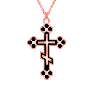 Elegant Orthodox Cross Pendant Necklace in Solid 14k Gold, Black Enamel