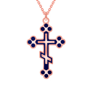 Elegant Orthodox Cross Pendant Necklace in Solid 14k Gold, Blue Enamel