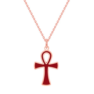 Ankh Cross Pendant Necklace in Solid 14K Gold, Red Enamel (Size Options Available)