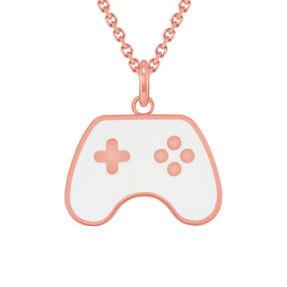 Gaming Controller Pendant Necklace in Solid Gold, White Enamel