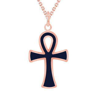 Ankh Cross Pendant Necklace in Solid 10K Gold, Blue Enamel (Size Options Available)