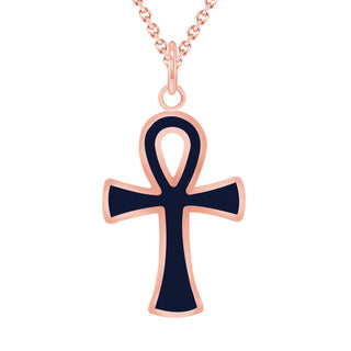 Ankh Cross Pendant Necklace in Solid 14K Gold, Blue Enamel (Size Options Available)