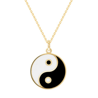 Yin and Yang Pendant Necklace in Solid 14k Gold, Black & White Enamel