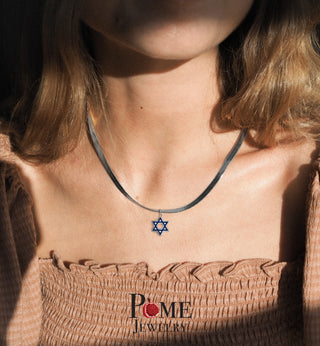 Jewish Star of David CZ Pendant Necklace in Sterling Silver, Blue Enamel