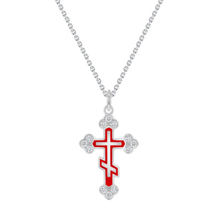 Eastern Orthodox Diamond Cross Pendant Necklace in Solid 14k Gold (Red Bare Enamel, Available in 3 Sizes)