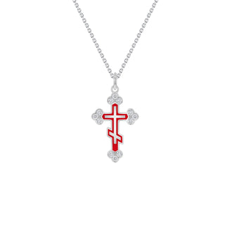 Eastern Orthodox Diamond Cross Pendant Necklace in Solid 14k Gold (Red Bare Enamel, Available in 3 Sizes)