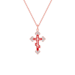 Eastern Orthodox Diamond Cross Pendant Necklace in Solid 14k Gold (Red Bare Enamel, Available in 3 Sizes)