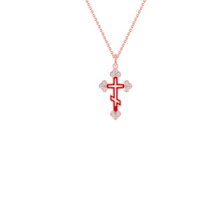 Eastern Orthodox Diamond Cross Pendant Necklace in Solid 14k Gold (Red Bare Enamel, Available in 3 Sizes)