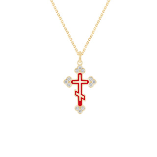 Eastern Orthodox Diamond Cross Pendant Necklace in Solid 14k Gold (Red Bare Enamel, Available in 3 Sizes)