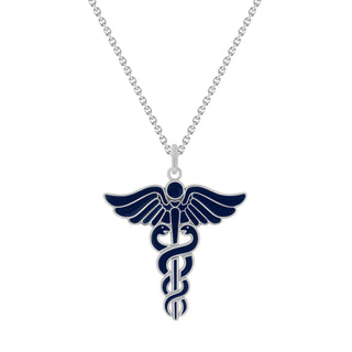 Caduceus Pendant Necklace in Solid 14k Gold, Enamel Color Options