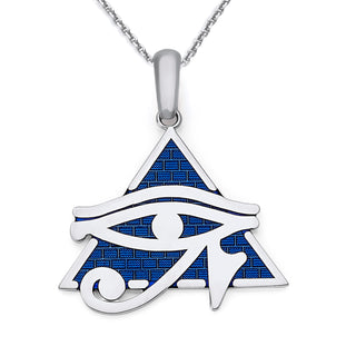 Eye of Horus Pyramid Pendant Necklace in Solid Gold with Blue Enamel, Egyptian Fine Jewelry