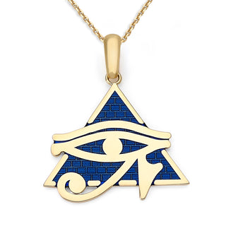 Eye of Horus Pyramid Pendant Necklace in Solid Gold with Blue Enamel, Egyptian Fine Jewelry