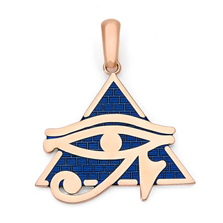 Eye of Horus Pyramid Pendant Necklace in Solid Gold with Blue Enamel, Egyptian Fine Jewelry