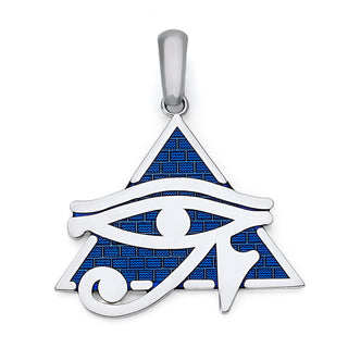 Eye of Horus Pyramid Pendant Necklace in Sterling Silver with Blue Enamel, Egyptian Fine Jewelry