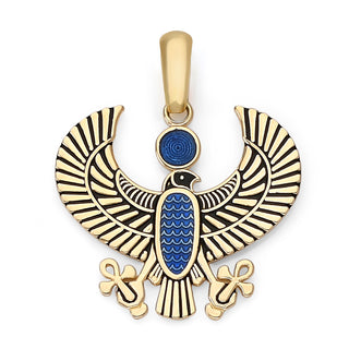 Egyptian Falcon in Solid Gold, Blue and Black Enamel, Egyptian Jewelry