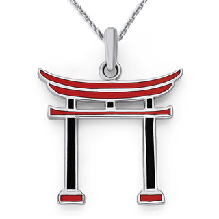 Japanese Torii Gate Pendant Necklace in Sterling Silver with Black and Red Enamel