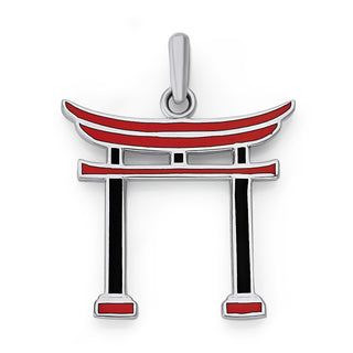 Japanese Torii Gate Pendant Necklace in Sterling Silver with Black and Red Enamel