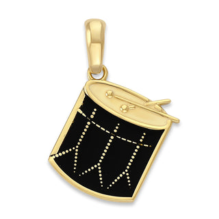 Black Drum Pendant Necklace in Solid Gold for Drummer, Black Enamel