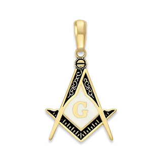 Masonic Square and Compass Pendant Necklace in Solid Gold, Black and White Enamel, Masonic Gifts