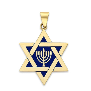 Star of David and Menorah Pendant Necklace in Solid Gold