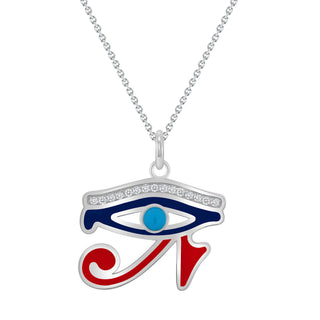 Eye of Horus CZ Pendant Necklace in Solid 10k Gold with Turquoise Stone, Blue and Red Enamel