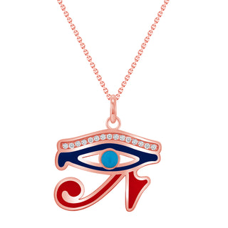 Eye of Horus CZ Pendant Necklace in Solid 10k Gold with Turquoise Stone, Blue and Red Enamel