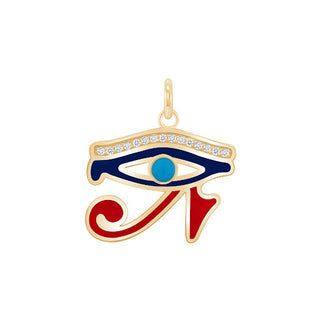 Eye of Horus CZ Pendant Necklace in Solid 10k Gold with Turquoise Stone, Blue and Red Enamel