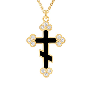 Eastern Orthodox Diamond Cross Pendant Necklace in Solid 14k Gold (Black Enamel, Available in 3 Sizes)