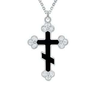 Eastern Orthodox Diamond Cross Pendant Necklace in Solid 14k Gold (Black Enamel, Available in 3 Sizes)