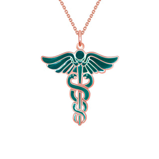 Caduceus Pendant Necklace in Solid 14k Gold, Enamel Color Options