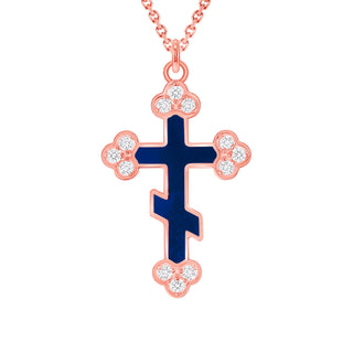 Eastern Orthodox Diamond Cross Pendant Necklace in Solid 14k Gold (Blue Enamel, Available in 3 Sizes)