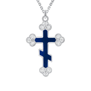 Eastern Orthodox Diamond Cross Pendant Necklace in Solid 14k Gold (Blue Enamel, Available in 3 Sizes)