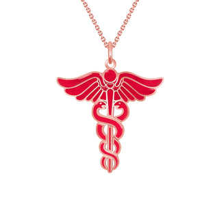 Caduceus Pendant Necklace in Solid 14k Gold, Enamel Color Options