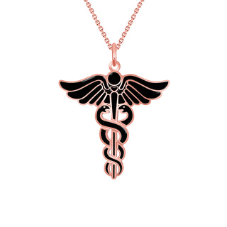 Caduceus Pendant Necklace in Solid 14k Gold, Enamel Color Options