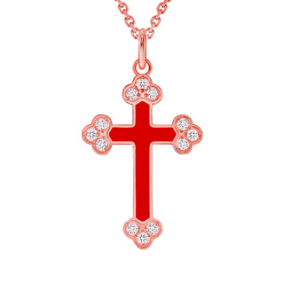 Diamond Cross Pendant Necklace in Solid 14k Gold, Red Enamel, Available in 3 Sizes