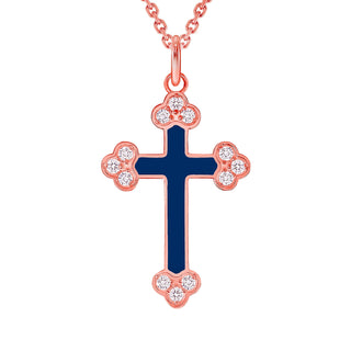 Diamond Cross Pendant Necklace in Solid 14k Gold, Blue Enamel, Available in 3 Sizes