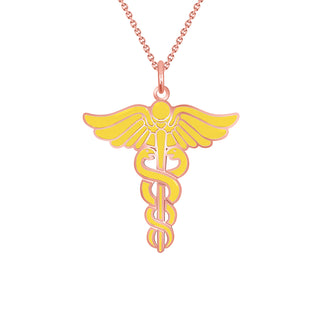 Caduceus Pendant Necklace in Solid 14k Gold, Enamel Color Options