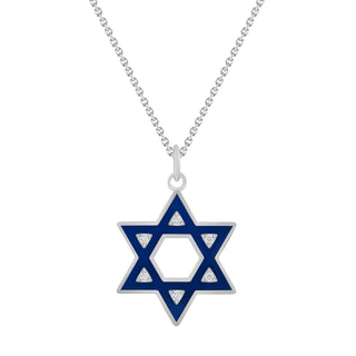 Jewish Star of David Diamond Pendant Necklace in Solid 14k Gold, Blue Enamel