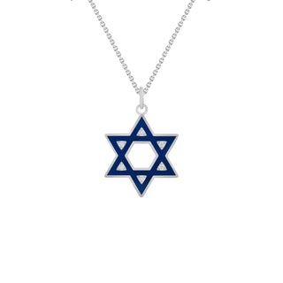 Jewish Star of David Diamond Pendant Necklace in Solid 14k Gold, Blue Enamel