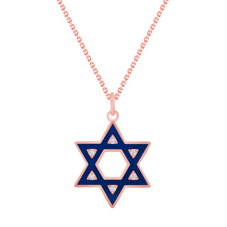 Jewish Star of David Diamond Pendant Necklace in Solid 14k Gold, Blue Enamel