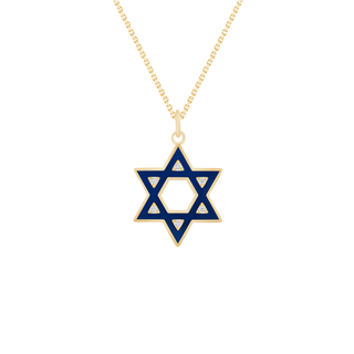 Jewish Star of David Diamond Pendant Necklace in Solid 14k Gold, Blue Enamel