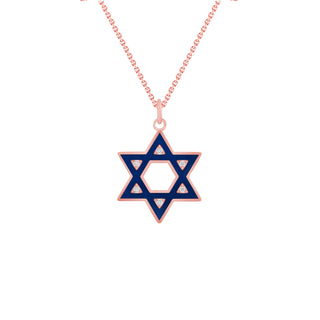 Jewish Star of David Diamond Pendant Necklace in Solid 14k Gold, Blue Enamel