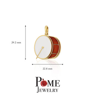 Red Drum Pendant Necklace in Solid Gold for Drummer, Red Enamel
